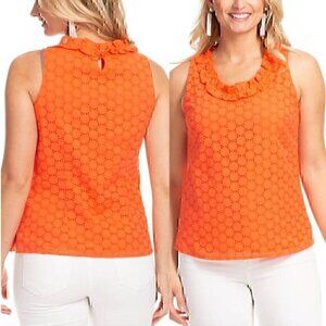 DUFFIELD LANE Rennie Top Coral Orange Eyelet Sleeveless 100% Cotton Tank Blouse
